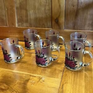 Pasari Frosted Pressed Glass Red Rose Hand Painted Mugs Set of 6